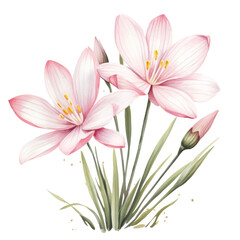 Blooming Light Pastel Pink Rain Lily Or Zephyranthes Flower Botanical Watercolor Painting Illustration