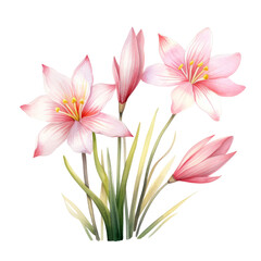 Fototapeta na wymiar Beautiful Pastel Pink Rain Lily Or Zephyranthes Flower Botanical Watercolor Painting Illustration