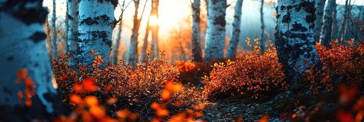 Herbstliche Waldszene mit Birkenstämmen im Sonnenuntergangslicht, Generative AI