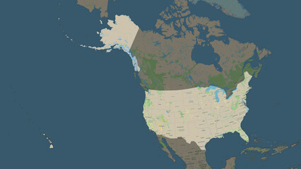 United States of America highlighted. Topographic Map
