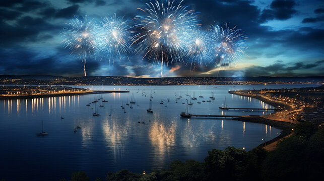 fireworks over lake HD 8K wallpaper Stock Photographic Image 