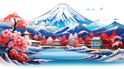 Vector drawing of Mount Fuji in Japan, Japan tourism concept. - obrazy, fototapety, plakaty