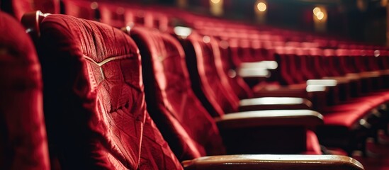 Rows of crimson seats in a theater or cinema hall.