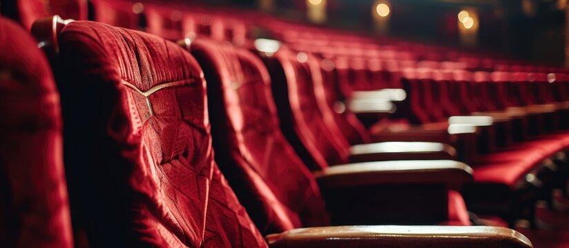 Rows of crimson seats in a theater or cinema hall.