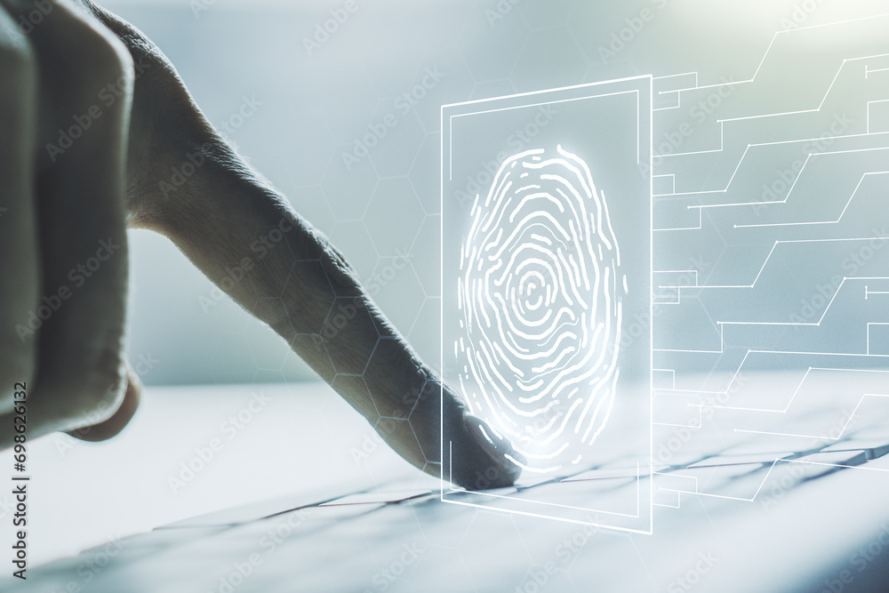 Poster double exposure of abstract creative fingerprint hologram with hands typing on laptop on background,