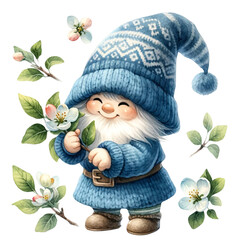 cute blue gnome and apple orchard - obrazy, fototapety, plakaty