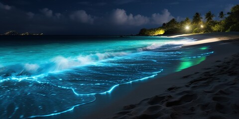 Bioluminescent waves crashing on a serene beach at night , concept of Glowing marine life