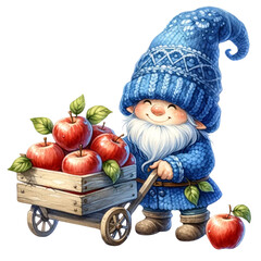cute blue gnome and apple orchard - obrazy, fototapety, plakaty