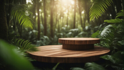 Obraz premium Wooden podium in tropical forest for product presentation generated by AI