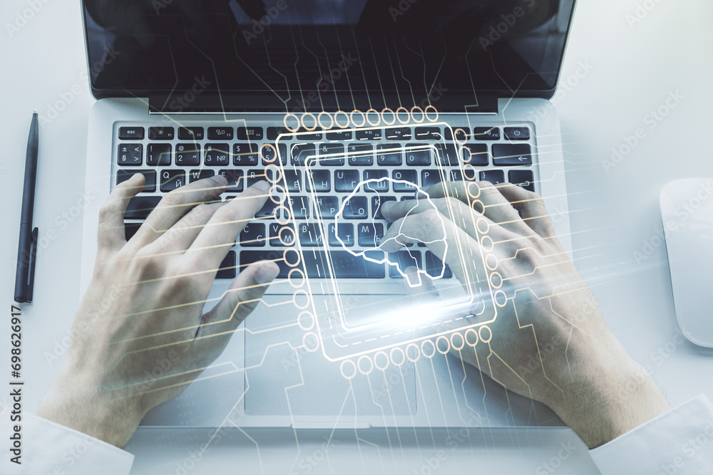Poster creative artificial intelligence concept with human brain sketch and hands typing on computer keyboa