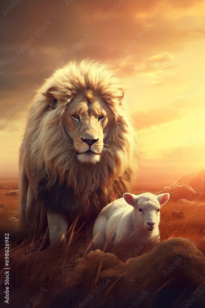 Wall mural lion and lamb lying together, bible and christianity symbol of peace and paradise  - Wall murals