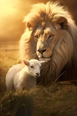 Foto op Plexiglas anti-reflex lion and lamb lying together, bible and christianity symbol of peace and paradise  © goami