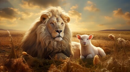 lion and lamb lying together, bible and christianity symbol of peace and paradise  - Powered by Adobe