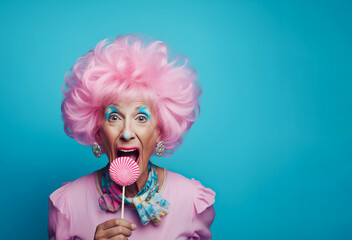 Crazy fun concept with older mature lady eating lollipop. - obrazy, fototapety, plakaty
