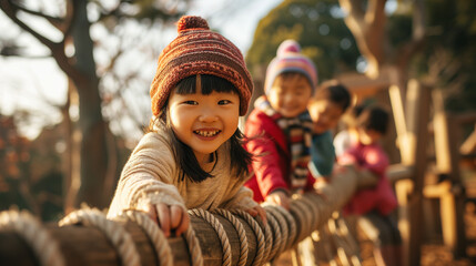 日本の幼稚園児・保育園児4人が長袖の冬服で木の大型遊具の上で笑っている写真、幼児教育 - obrazy, fototapety, plakaty