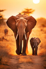 Fototapeta na wymiar big elephant family walking by sunny savannah at sunset, animals of africa