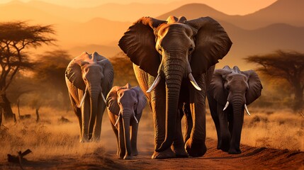 big elephant family walking by sunny savannah at sunset, animals of africa