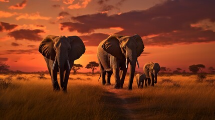 Fototapeta premium big elephant family walking by sunny savannah at sunset, animals of africa