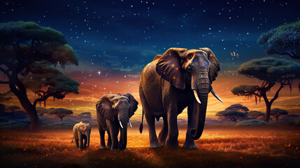big elephant family walking by sunny savannah at sunset, animals of africa - obrazy, fototapety, plakaty