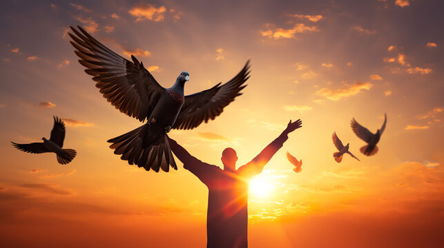 person hand and birds at sunset, people and flying pigeons and doves, hope and peace concept