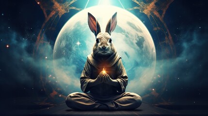 illustration of funny animal meditating, rabbit practicing yoga in calm and tranquil meditation - obrazy, fototapety, plakaty