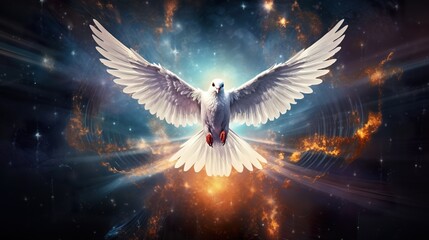 Obraz premium white gorgeous dove of peace fly in beautiful heaven, amazing flying pigeon in rays of light