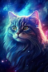 cute small cat swimming in open outer space on stars and colorful nebulas background, kitty in cosmos