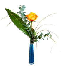Isolated flower arrangement with a rose in a glass vase - obrazy, fototapety, plakaty