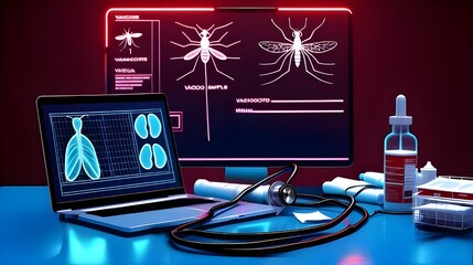 Graphic illustration for World Malaria Day for banner, Social media post, poster, and card design. Mosquito, doctor stethoscope, blood sample and test kit in neon background. 25th April. Zero malaria