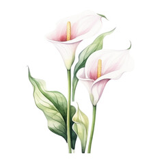 Zantedeschia, 
Beautiful White Calla Lily Flowers Bouquet Botanical Watercolor Painting Illustration