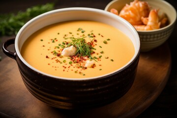 Photo of a bowl of rich and creamy lobster bisque soup. Generative AI - obrazy, fototapety, plakaty