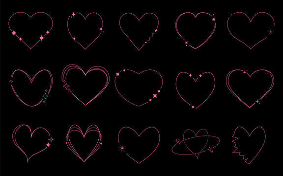 Set of trendy minimalist aesthetic linear heart shape with stars pink on a black background. Retro style design for social media or poster design.