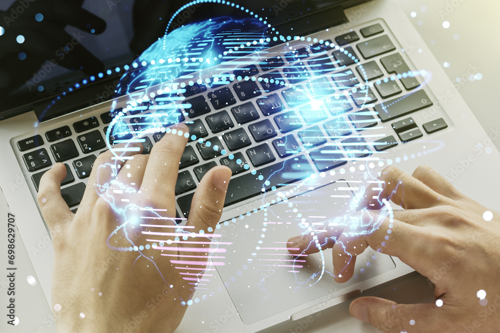 Poster abstract graphic digital world map with connections and hands typing on computer keyboard on backgro