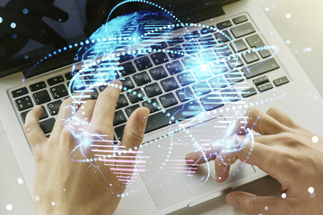 Abstract graphic digital world map with connections and hands typing on computer keyboard on background, globalization concept. Multiexposure
