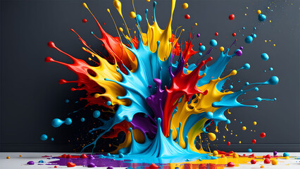 AI generated. Illustration. Multi-colored splashes of acrylic paints. Exploding and mixing colored paint. Abstract background.