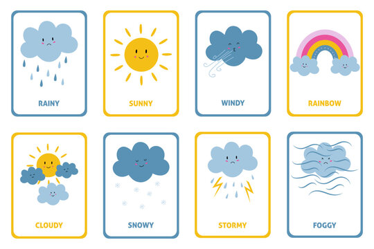 Weather flashcards for kids. Learn weather. Set of cards with weather elements. Cute cartoon sun and clouds.