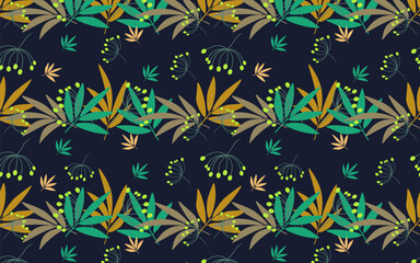 Vector seamless color pattern with leaves and grass. Natural pattern on a dark blue background.Pattern for textiles, wrapping paper and decoration.