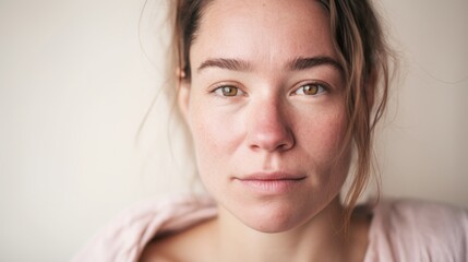 A detailed portrait highlighting the imperfections on the skin of a Caucasian woman, who confidently faces the camera against a light beige studio background.