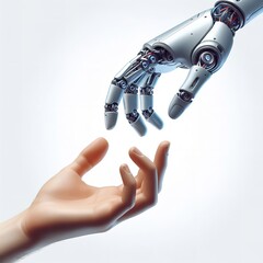 A human hand reaches out to a robot's hand. generative, AI