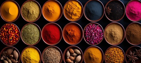 Variety of culinary seasonings at the eastern market, top view. Bright and colorful shelves with seasonings: chili, paprika, pepper, ginger, curry, herbal, hibiscus, turmeric. - obrazy, fototapety, plakaty