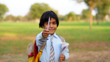 Kid, smile and portrait of student with books for education, study or learning isolated on a green field background.