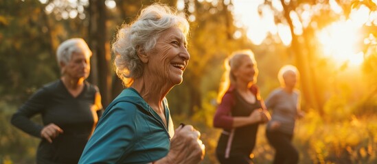 Energetic seniors engaging in exercise, joyfully pursuing outdoor activities for fitness, well-being, and enjoyment during retirement. - obrazy, fototapety, plakaty