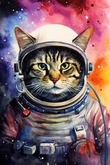 funny astronaut cat in space suit, fun kitty in spacesuit flying in cosmos