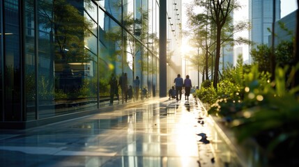 Blurred people walking fast movement in glass office with green environment and trees, Green...