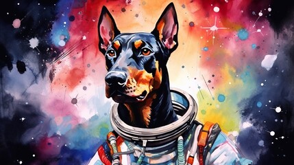 cute dog in space suit, funny doggy in spacesuit flying in cosmos