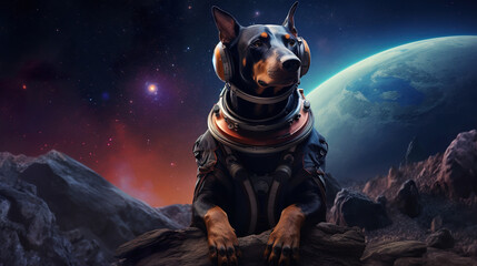 cute dog in space suit, funny doggy in spacesuit walking by far planet - obrazy, fototapety, plakaty