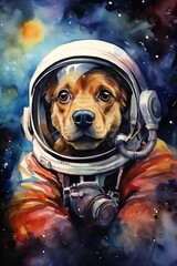 cute dog in space suit, funny doggy in spacesuit flying in cosmos - obrazy, fototapety, plakaty