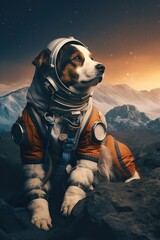 cute dog in space suit, funny doggy in spacesuit walking by far planet - obrazy, fototapety, plakaty