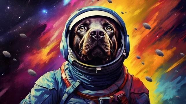 cute dog in space suit, funny doggy in spacesuit flying in cosmos