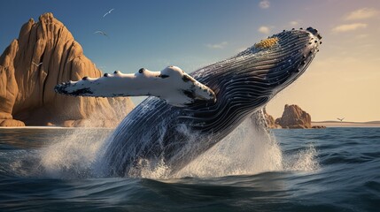 giant gorgeous whale jumping ot of sea water at sunset - obrazy, fototapety, plakaty